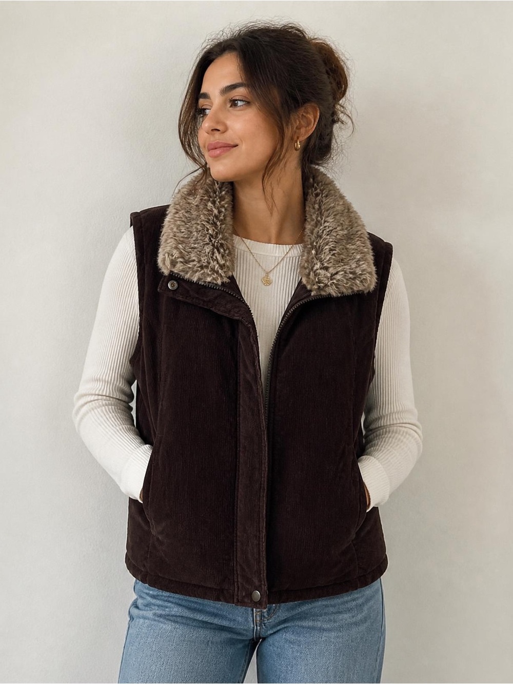 Women's Brown Faux-Fur Collar Vest